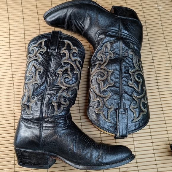 Rudel Boots men\'s sz 10D black leather Western Cowboy boots. Repair spot on left main image 11